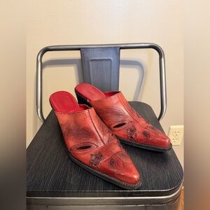 CARLOS Shoes Womens 9 M Red Inlay Leather Mules Cowboy Rodeo Boot Clog SANTANA